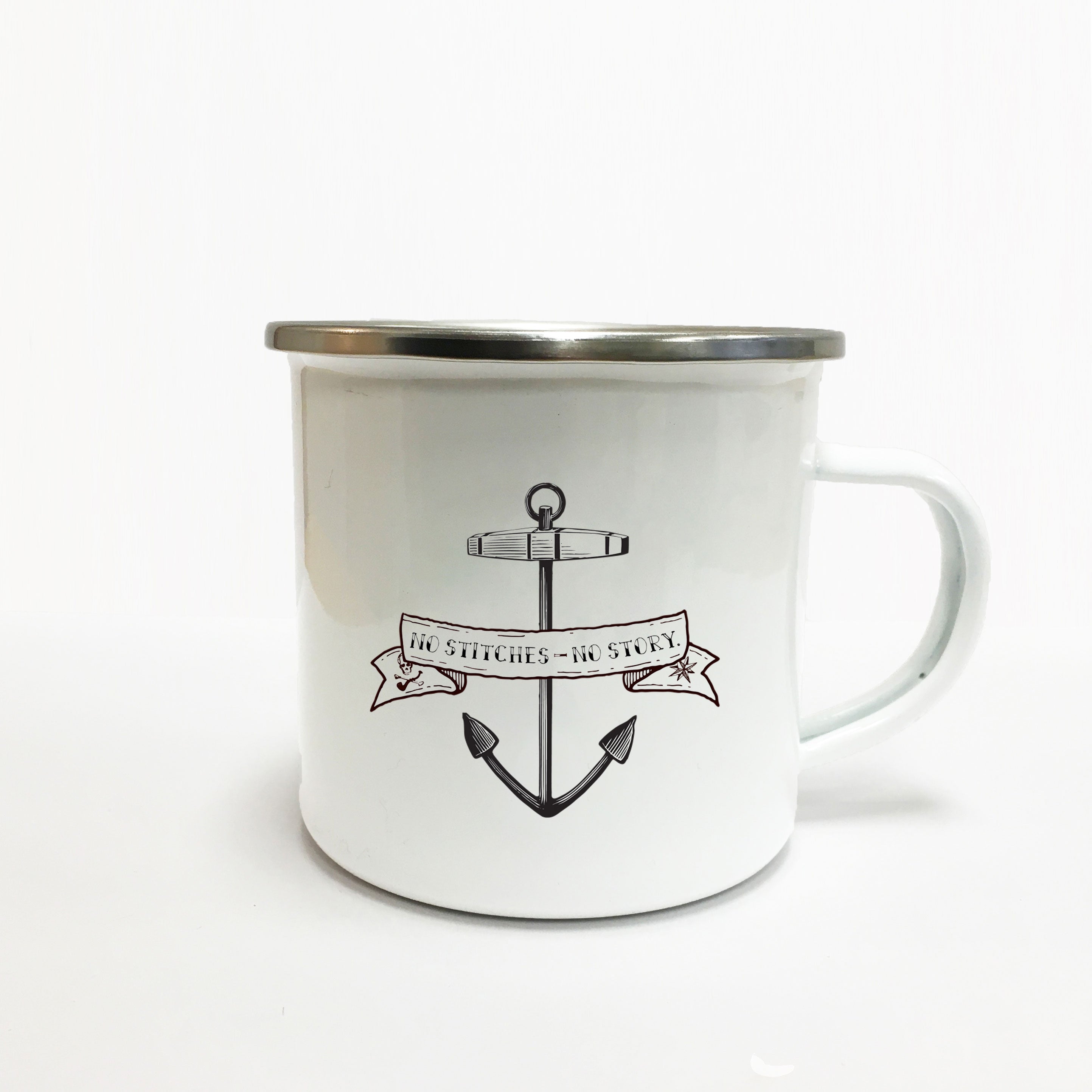 No Stitches Emaljekrus krus med håndtegnet design og håndlavet, dansk design, anker bagside