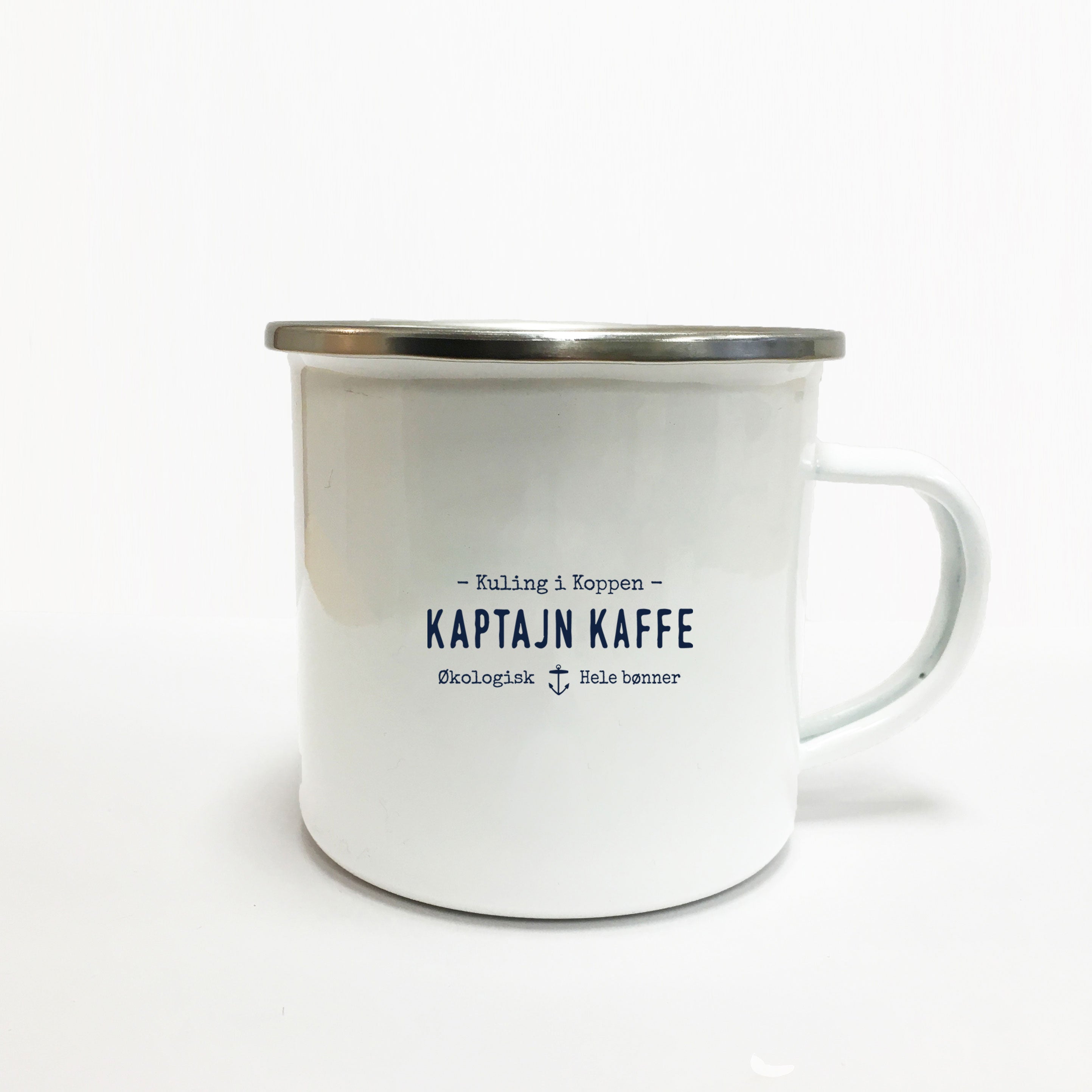 Kaptajnkaffe Emaljekrus krus med håndtegnet design og håndlavet, dansk design, bagside lakor
