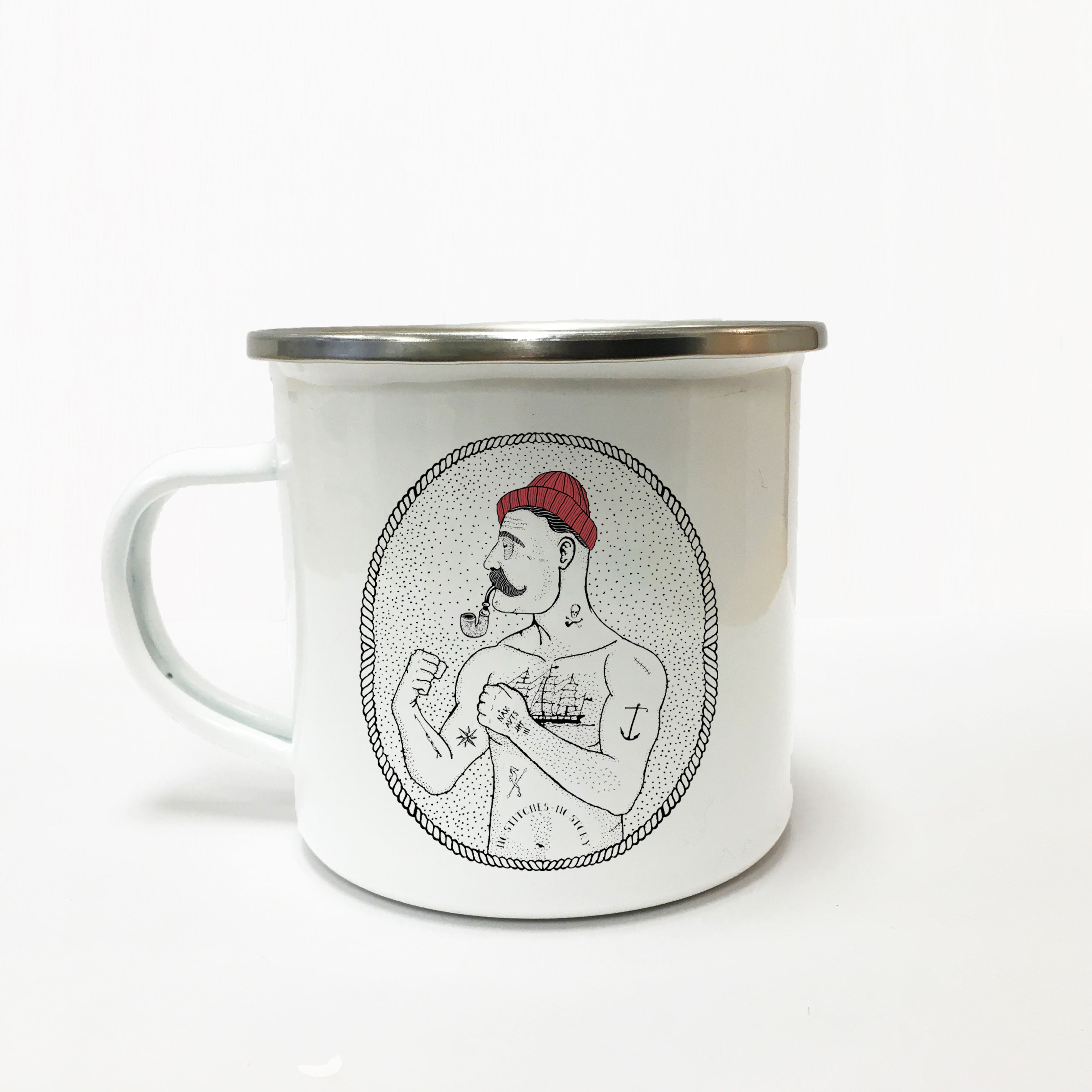 No Stitches Emaljekrus krus med håndtegnet design og håndlavet, dansk design